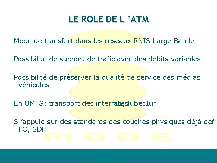 LE ROLE DE L ’ATM Mode de transfert dans les réseaux RNIS Large Bande