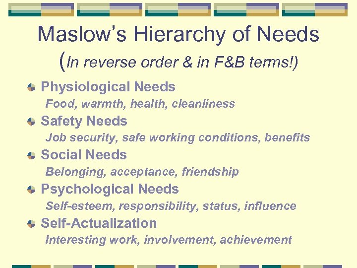 Maslow’s Hierarchy of Needs (In reverse order & in F&B terms!) Physiological Needs Food,