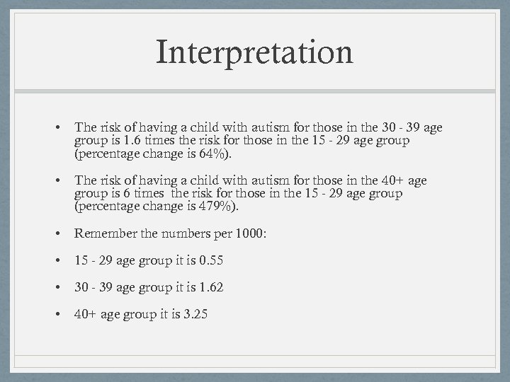 Interpretation • The risk of having a child with autism for those in the