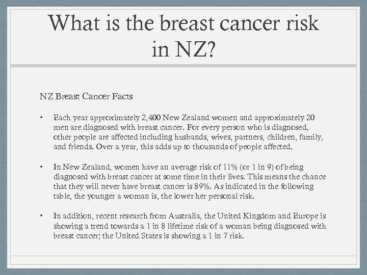 What is the breast cancer risk in NZ? NZ Breast Cancer Facts • Each