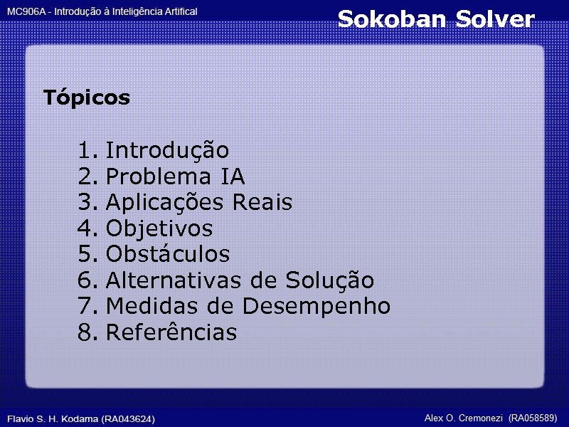Sokoban Solver Tópicos 1. Introdução 2. Problema IA 3. Aplicações Reais 4. Objetivos 5.
