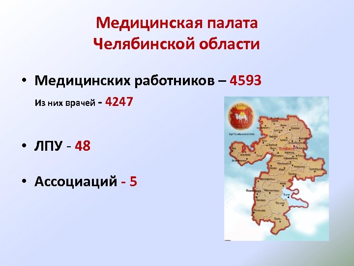 Медицинская палата Челябинской области • Медицинских работников – 4593 Из них врачей - 4247