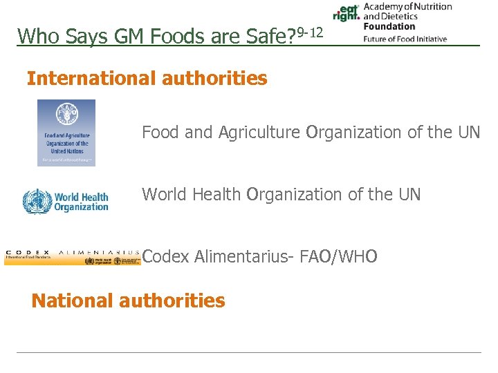 Who Says GM Foods are Safe? 9 -12 International authorities Food and Agriculture Organization