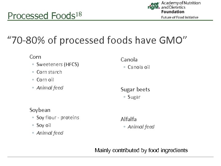 Processed Foods 18 “ 70 -80% of processed foods have GMO” Corn ◦ ◦