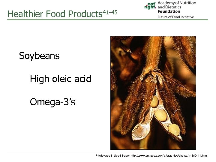 Healthier Food Products 41 -45 Soybeans High oleic acid Omega-3’s Photo credit: : Scott