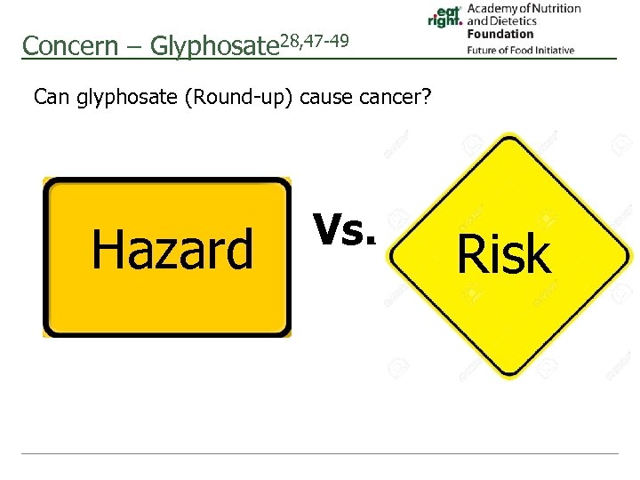 Concern – Glyphosate 28, 47 -49 Can glyphosate (Round-up) cause cancer? Hazard Vs. .
