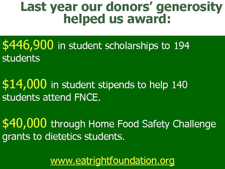 Last year our donors’ generosity helped us award: $446, 900 in student scholarships to