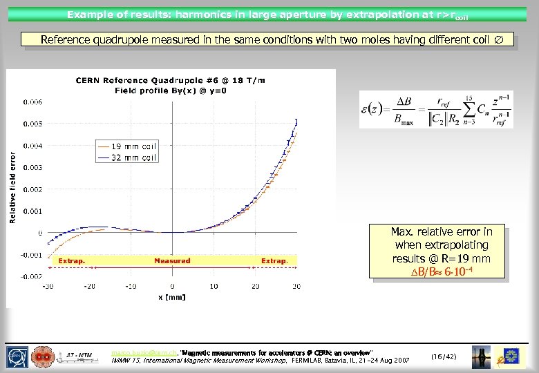 Example of results: harmonics in large aperture by extrapolation at r> rcoil Reference quadrupole