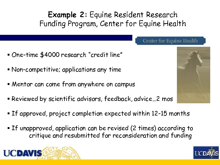 Example 2: Equine Resident Research Funding Program, Center for Equine Health § One-time $4000