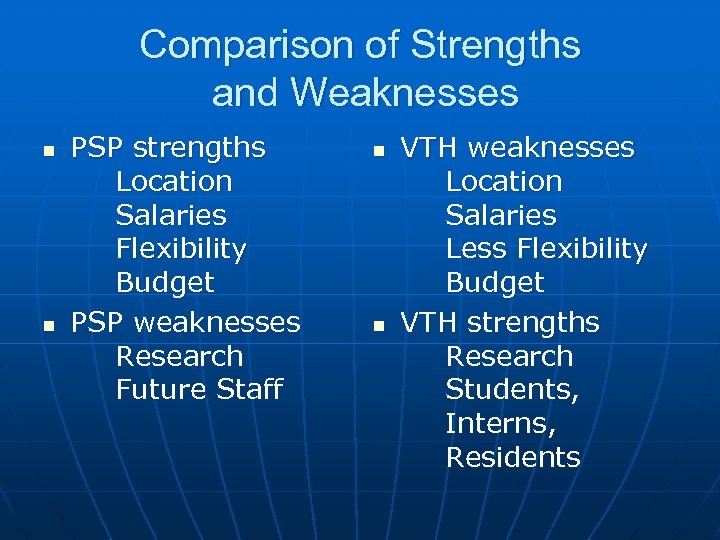 Comparison of Strengths and Weaknesses n n PSP strengths Location Salaries Flexibility Budget PSP