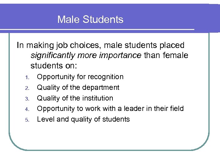 Male Students In making job choices, male students placed significantly more importance than female