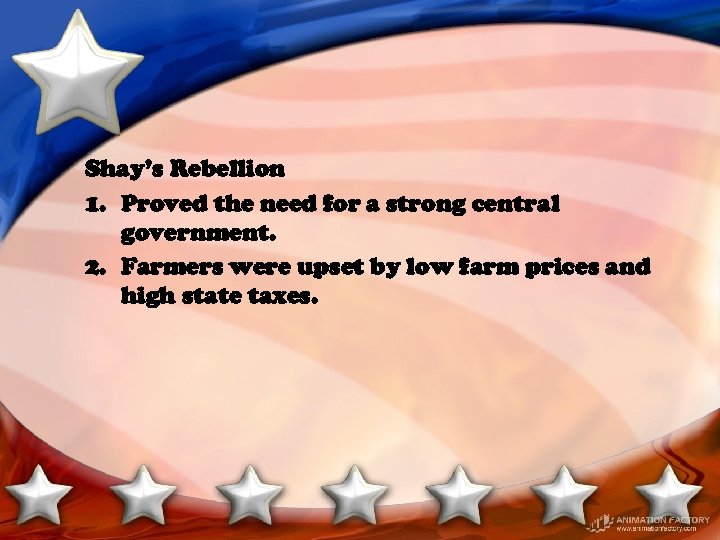 Shay’s Rebellion 1. Proved the need for a strong central government. 2. Farmers were