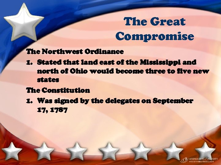 The Great Compromise The Northwest Ordinance 1. Stated that land east of the Mississippi