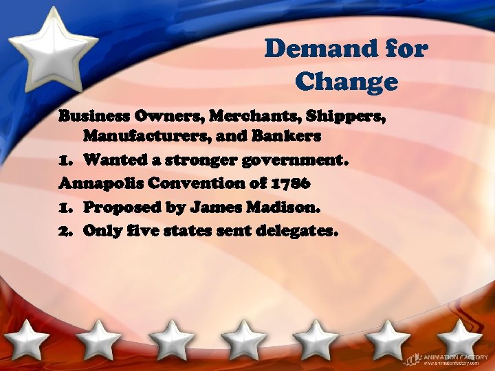 Demand for Change Business Owners, Merchants, Shippers, Manufacturers, and Bankers 1. Wanted a stronger