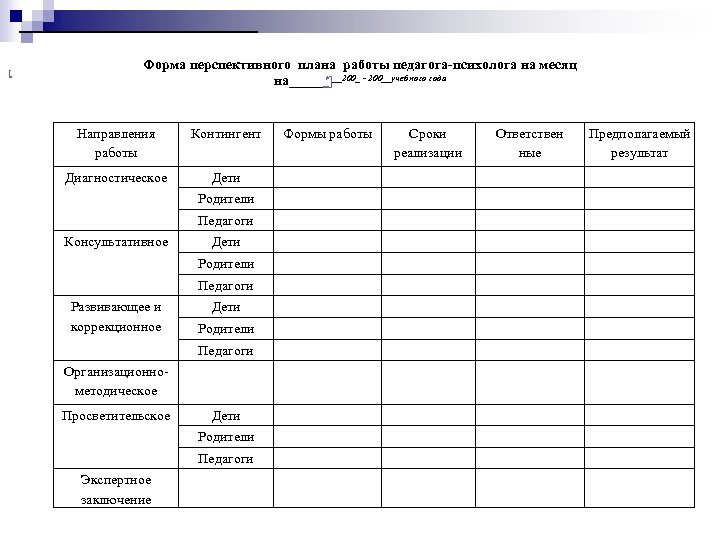  [ Форма перспективного плана работы педагога-психолога на месяц на_____ ]__200_ - 200__учебного года