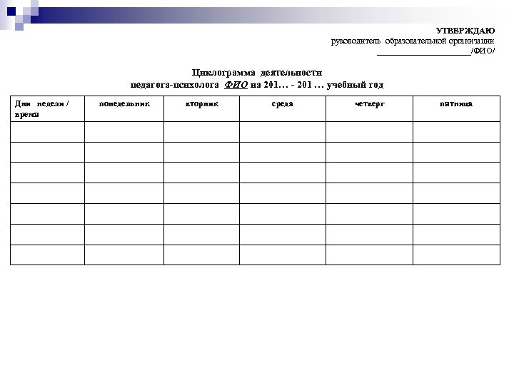  УТВЕРЖДАЮ руководитель образовательной организации ___________/ФИО/ Циклограмма деятельности педагога-психолога ФИО на 201… - 201