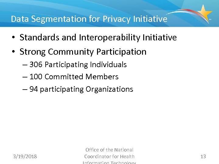 Data Segmentation for Privacy Initiative • Standards and Interoperability Initiative • Strong Community Participation