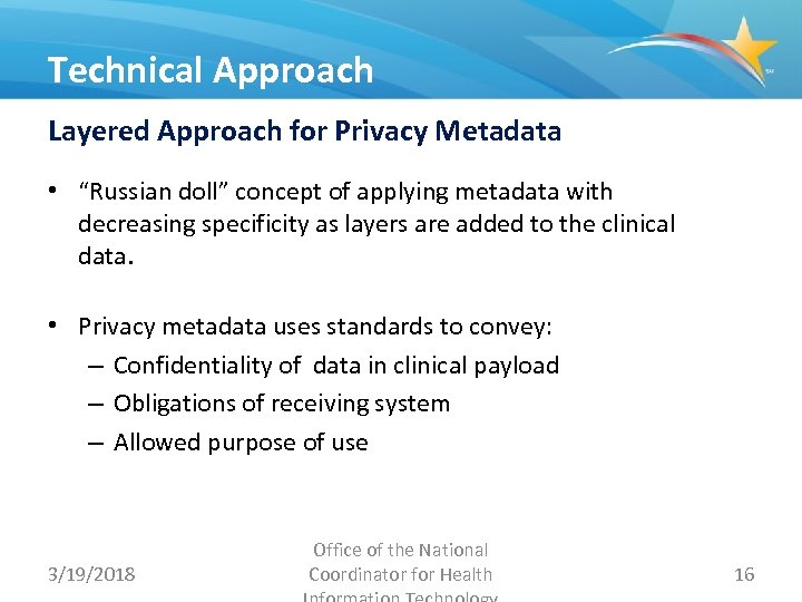 Technical Approach Layered Approach for Privacy Metadata • “Russian doll” concept of applying metadata