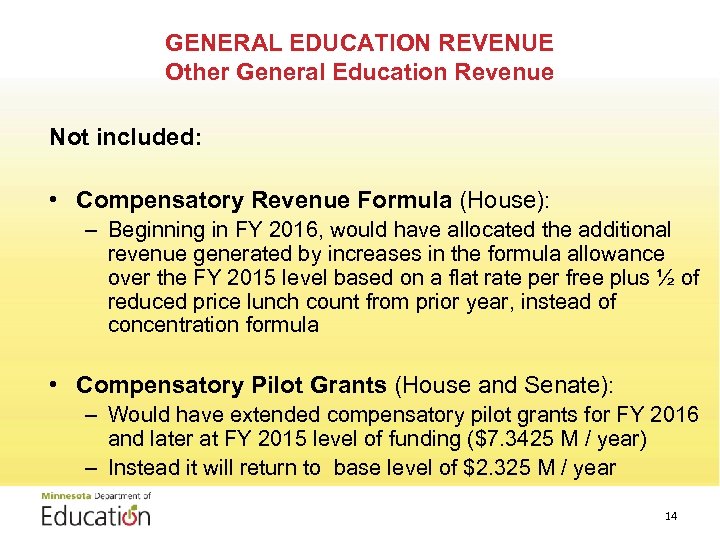 GENERAL EDUCATION REVENUE Other General Education Revenue Not included: • Compensatory Revenue Formula (House):