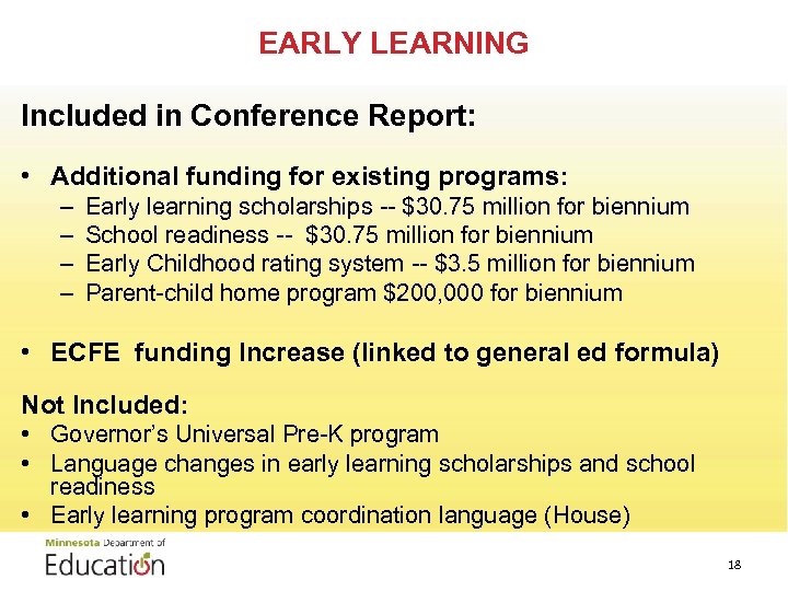 EARLY LEARNING Included in Conference Report: • Additional funding for existing programs: – –