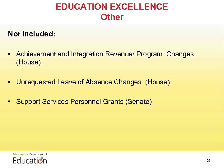 EDUCATION EXCELLENCE Other Not Included: • Achievement and Integration Revenue/ Program Changes (House) •