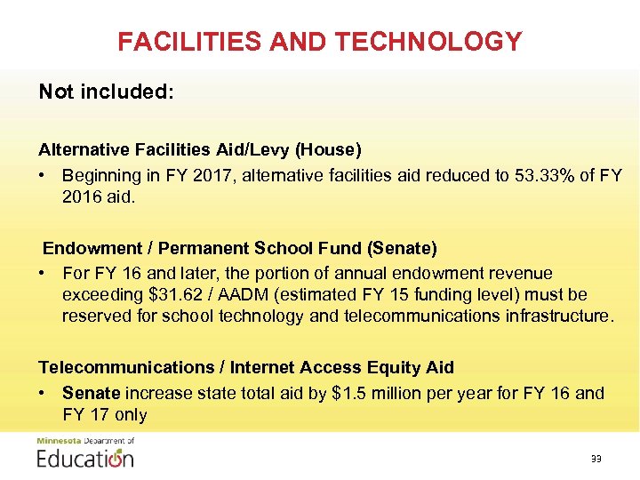 FACILITIES AND TECHNOLOGY Not included: Alternative Facilities Aid/Levy (House) • Beginning in FY 2017,
