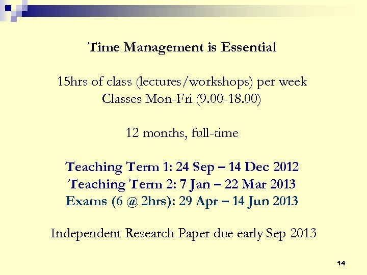 Time Management is Essential 15 hrs of class (lectures/workshops) per week Classes Mon-Fri (9.