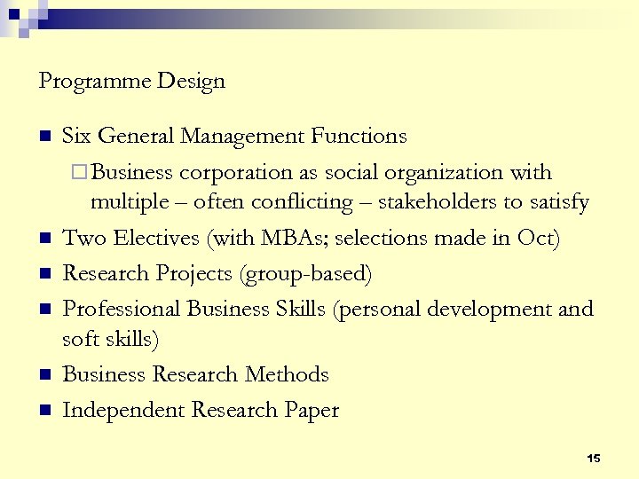 Programme Design n n n Six General Management Functions ¨ Business corporation as social