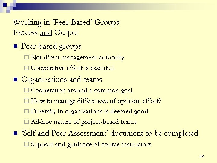 Working in ‘Peer-Based’ Groups Process and Output n Peer-based groups ¨ Not direct management