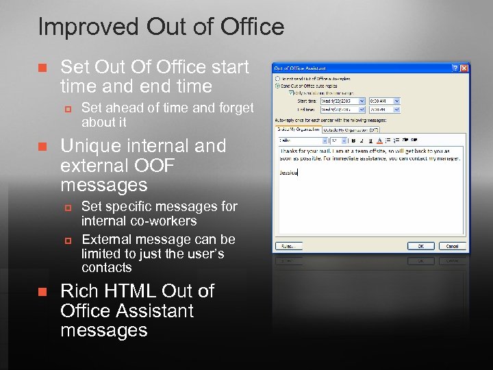 Improved Out of Office n Set Out Of Office start time and end time