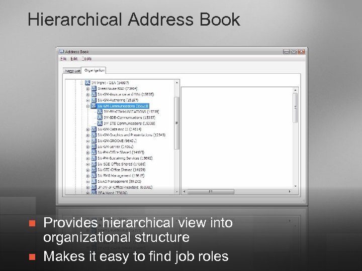 Hierarchical Address Book n n Provides hierarchical view into organizational structure Makes it easy