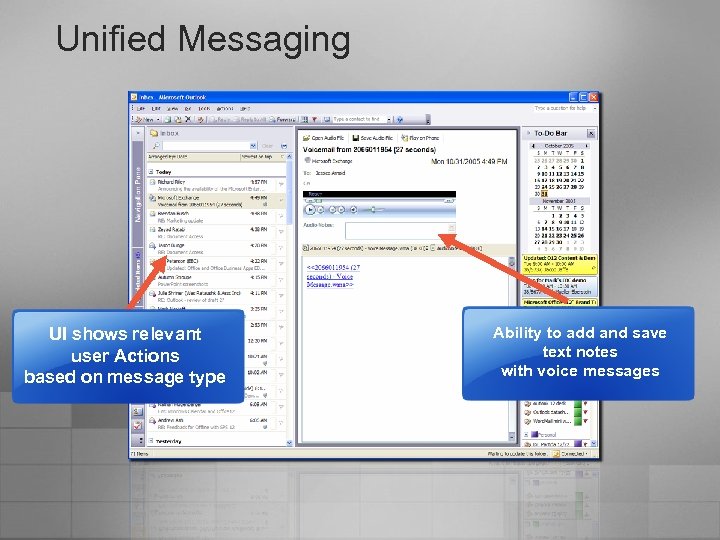 Unified Messaging UI shows relevant user Actions based on message type Ability to add