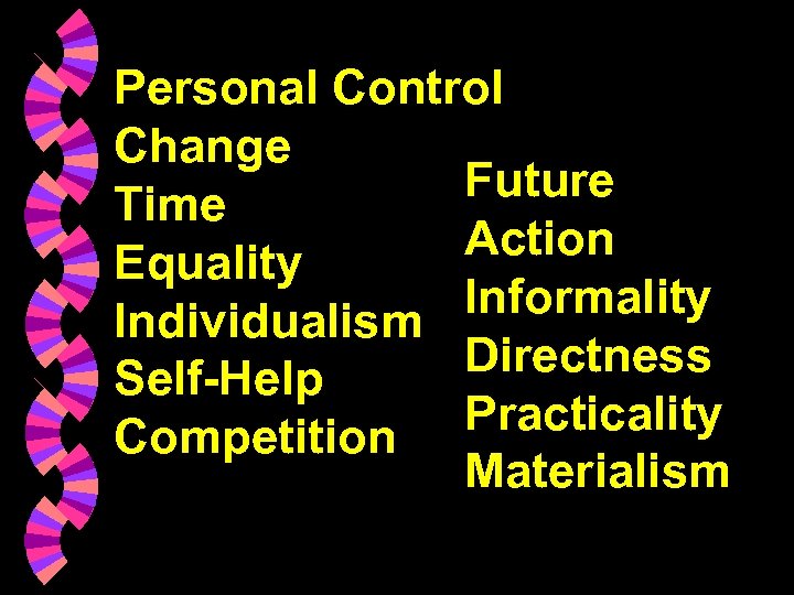 Personal Control Change Future Time Action Equality Informality Individualism Directness Self-Help Practicality Competition Materialism
