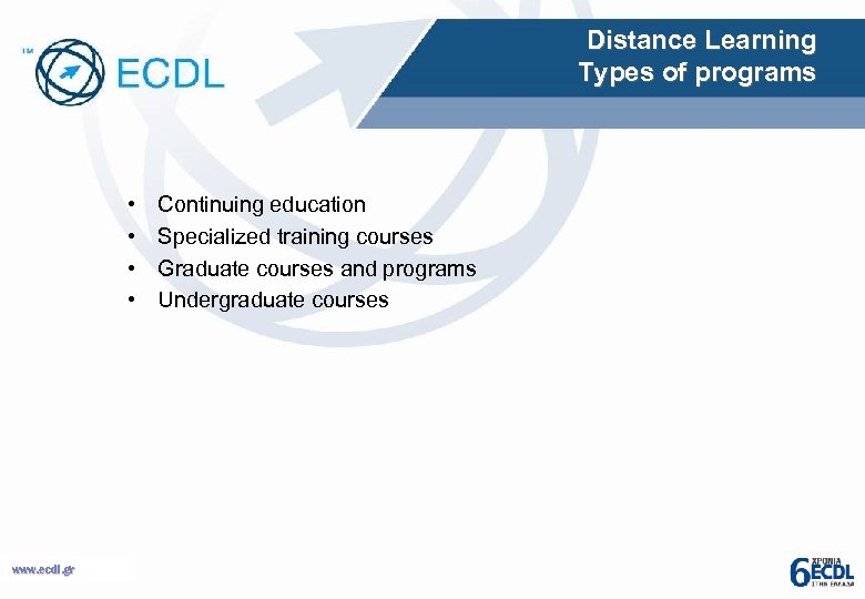 Distance Learning Types of programs • • www. ecdl. gr Continuing education Specialized training