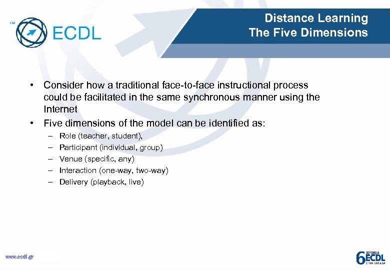 Distance Learning The Five Dimensions • Consider how a traditional face-to-face instructional process could