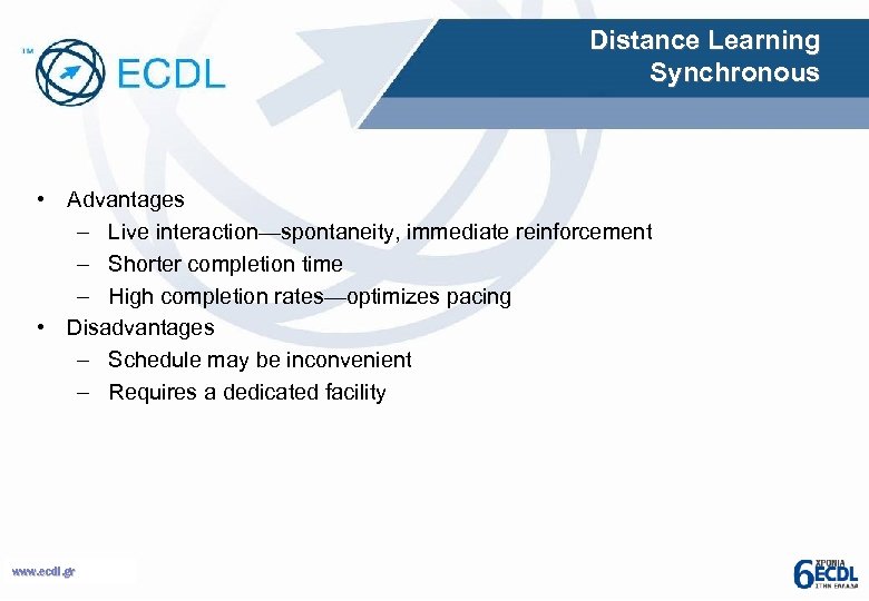 Distance Learning Synchronous • Advantages – Live interaction—spontaneity, immediate reinforcement – Shorter completion time