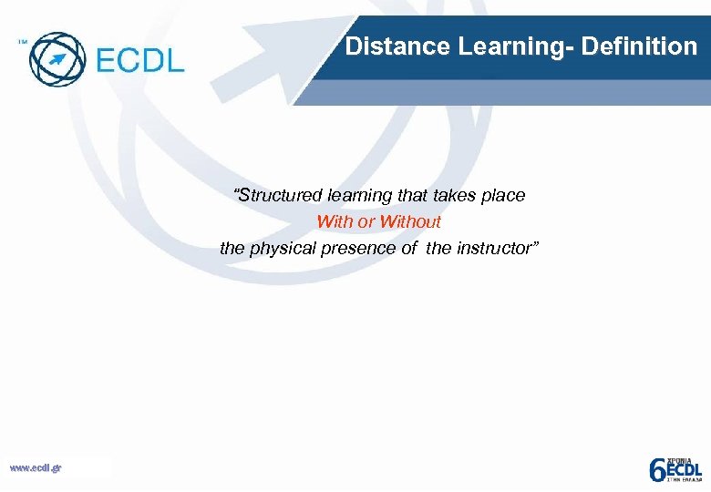 Distance Learning- Definition “Structured learning that takes place With or Without the physical presence