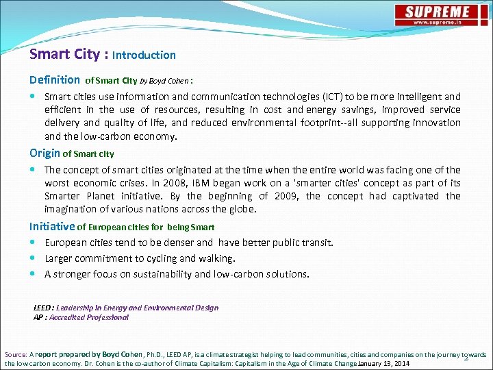 Smart City : Introduction Definition of Smart City by Boyd Cohen : Smart cities