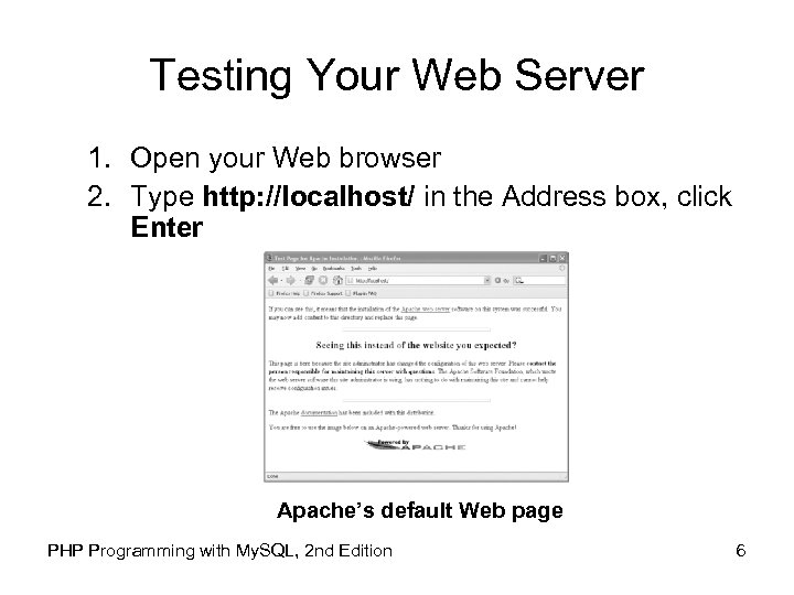 Testing Your Web Server 1. Open your Web browser 2. Type http: //localhost/ in
