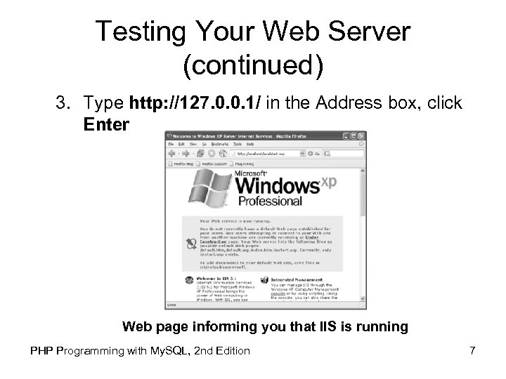 Testing Your Web Server (continued) 3. Type http: //127. 0. 0. 1/ in the