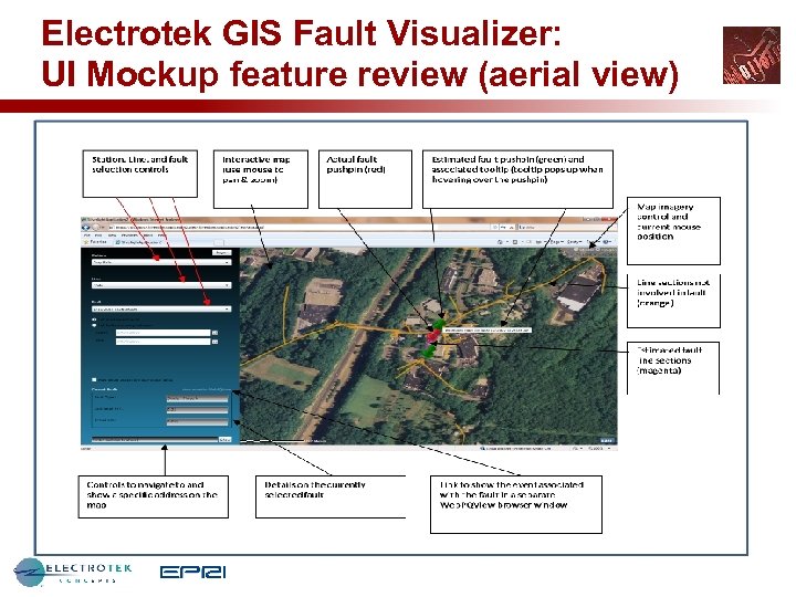 Electrotek GIS Fault Visualizer: UI Mockup feature review (aerial view) 