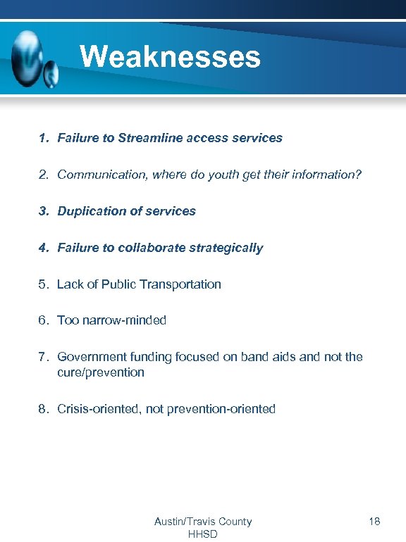 Weaknesses 1. Failure to Streamline access services 2. Communication, where do youth get their