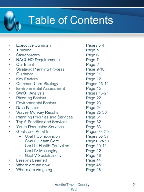 Table of Contents • • • • • • Executive Summary Timeline Stakeholders NACCHO