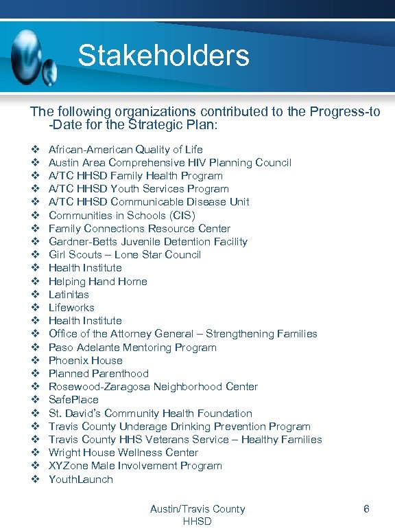 Stakeholders The following organizations contributed to the Progress-to -Date for the Strategic Plan: v