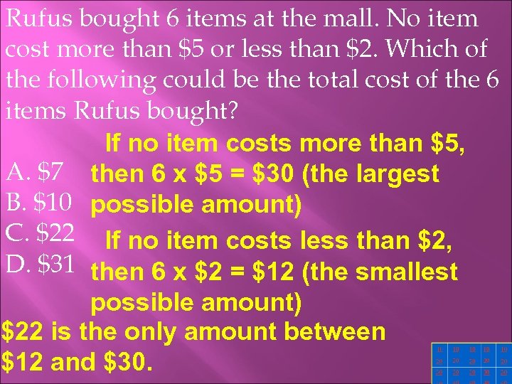 Rufus bought 6 items at the mall. No item cost more than $5 or
