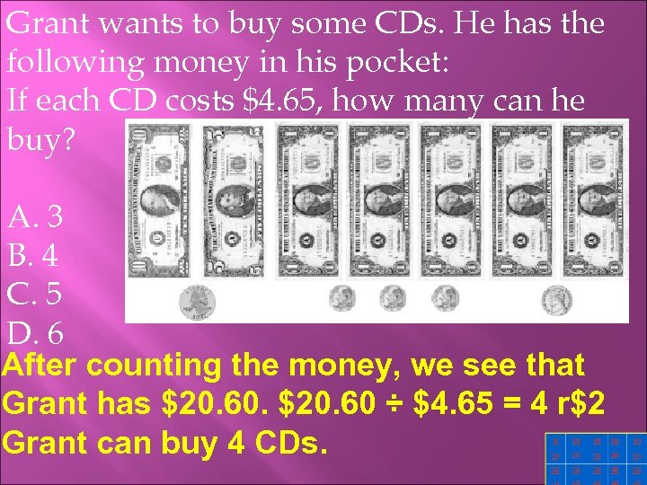 Grant wants to buy some CDs. He has the following money in his pocket: