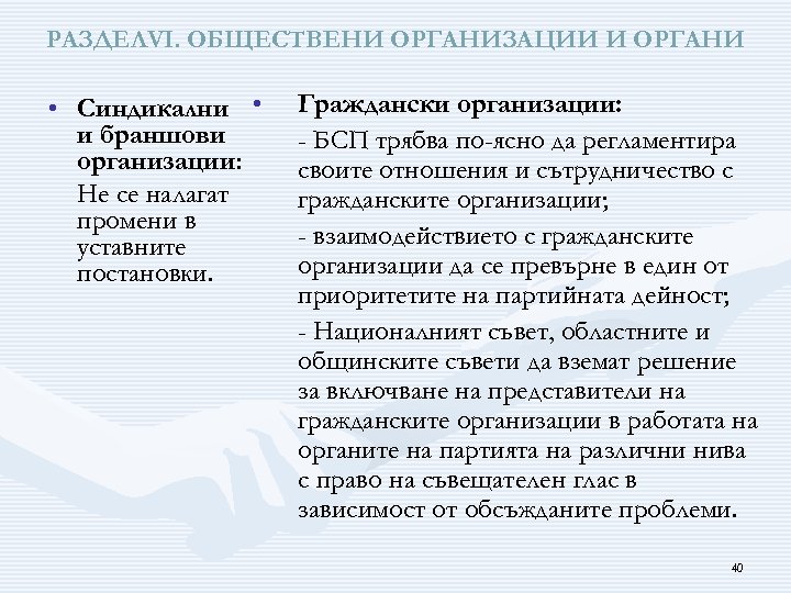 РАЗДЕЛVІ. ОБЩЕСТВЕНИ ОРГАНИЗАЦИИ И ОРГАНИ • Синдикални • и браншови организации: Не се налагат