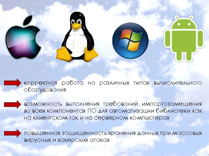 корректная работа на различных типах вычислительного оборудования возможность выполнения требований импортозамещения во всех компонентах
