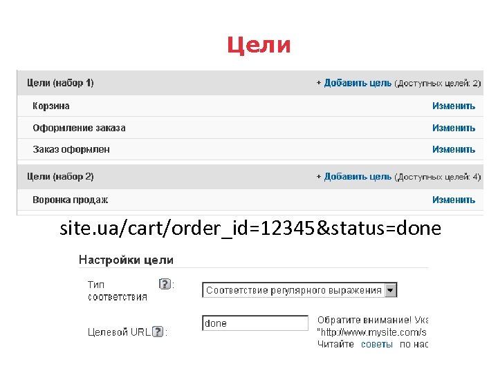 Цели site. ua/cart/order_id=12345&status=done 