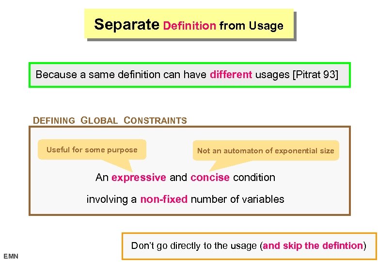 Separate Definition from Usage Because a same definition can have different usages [Pitrat 93]